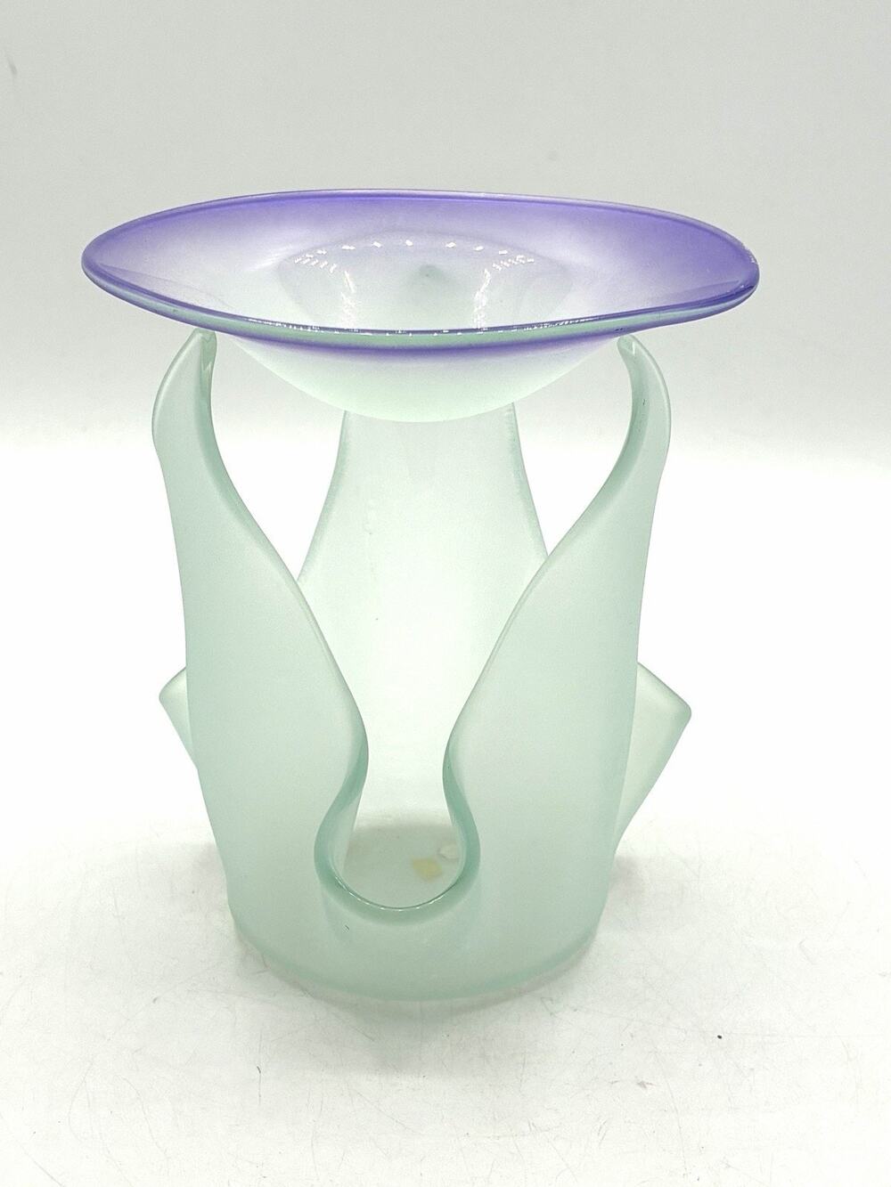 Frosted Art Glass Candle Holder – Sculptural Seafoam Purple Tealight Warmer 5.5"